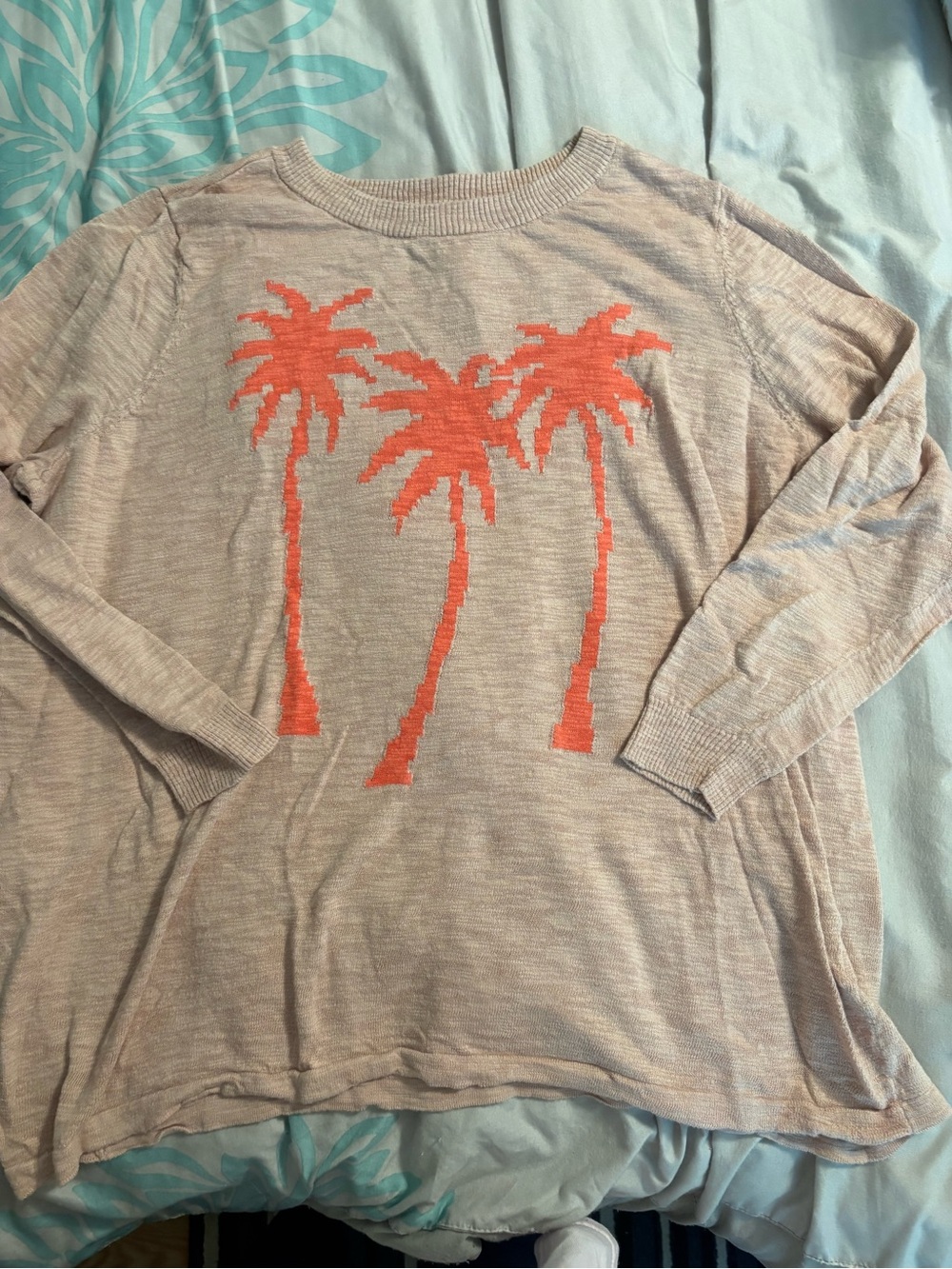 Peach Scoop Neck Sweater with Coral Palm Tree Motif